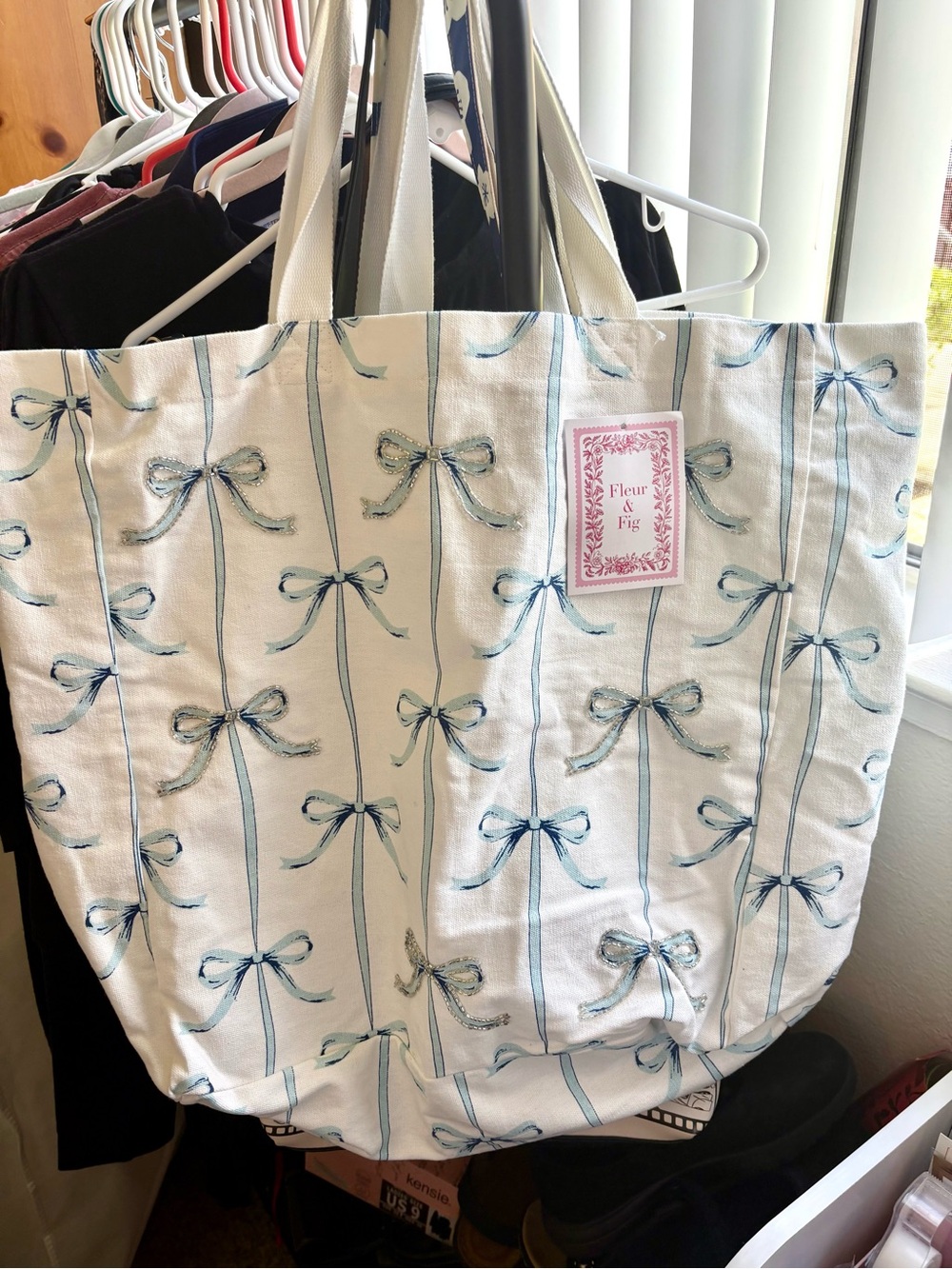 Canvas Jeweled front Tote Bag with Blue Bow Print - Cream